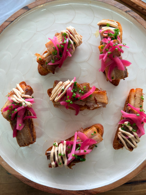 Grilled Pork Belly, Pickled Shallots, Chipotle Aioli on Crostini