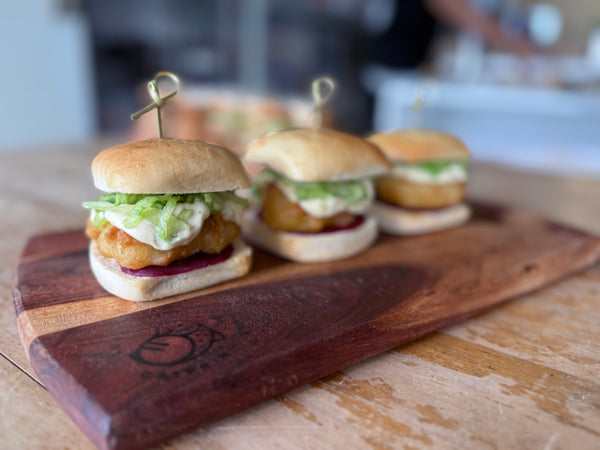 Fish Slider with Beetroot, Lemon Aioli & Iceberg