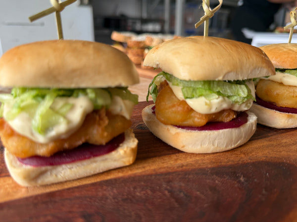 Fish Slider with Beetroot, Lemon Aioli & Iceberg