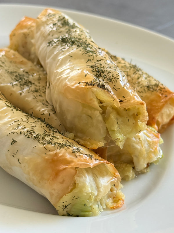 Filo Parcel with Roasted Leek, Potato and Cheese (v)
