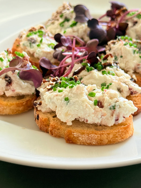 Goat Cheese Feta with Cranberry, Walnut and Chives on a Crouton