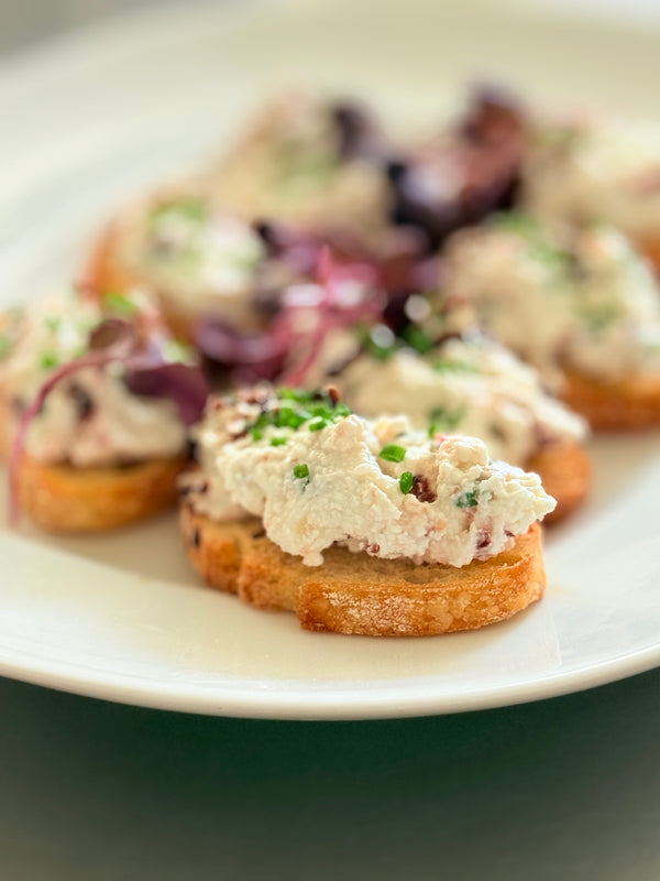 Goat Cheese Feta with Cranberry, Walnut and Chives on a Crouton