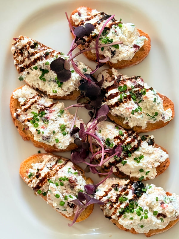 Goat Cheese Feta with Cranberry, Walnut and Chives on a Crouton